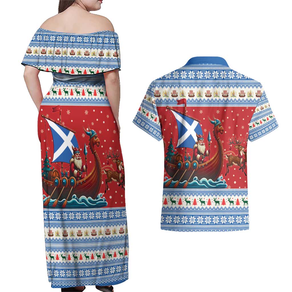 Scotland Viking Santa Christmas Couples Matching Off Shoulder Maxi Dress and Hawaiian Shirt Funny Reindeer Norse Xmas - Wonder Print Shop