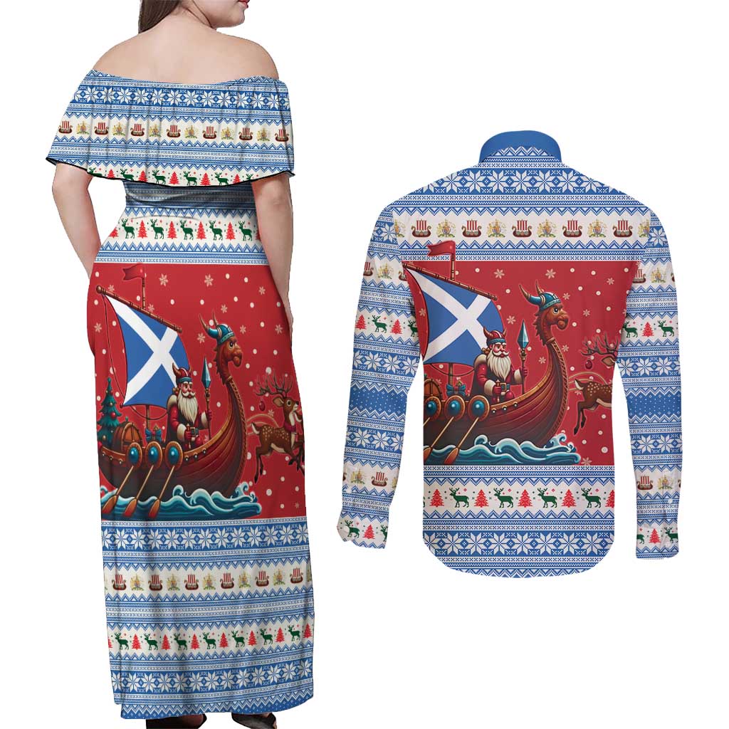 Scotland Viking Santa Christmas Couples Matching Off Shoulder Maxi Dress and Long Sleeve Button Shirt Funny Reindeer Norse Xmas - Wonder Print Shop