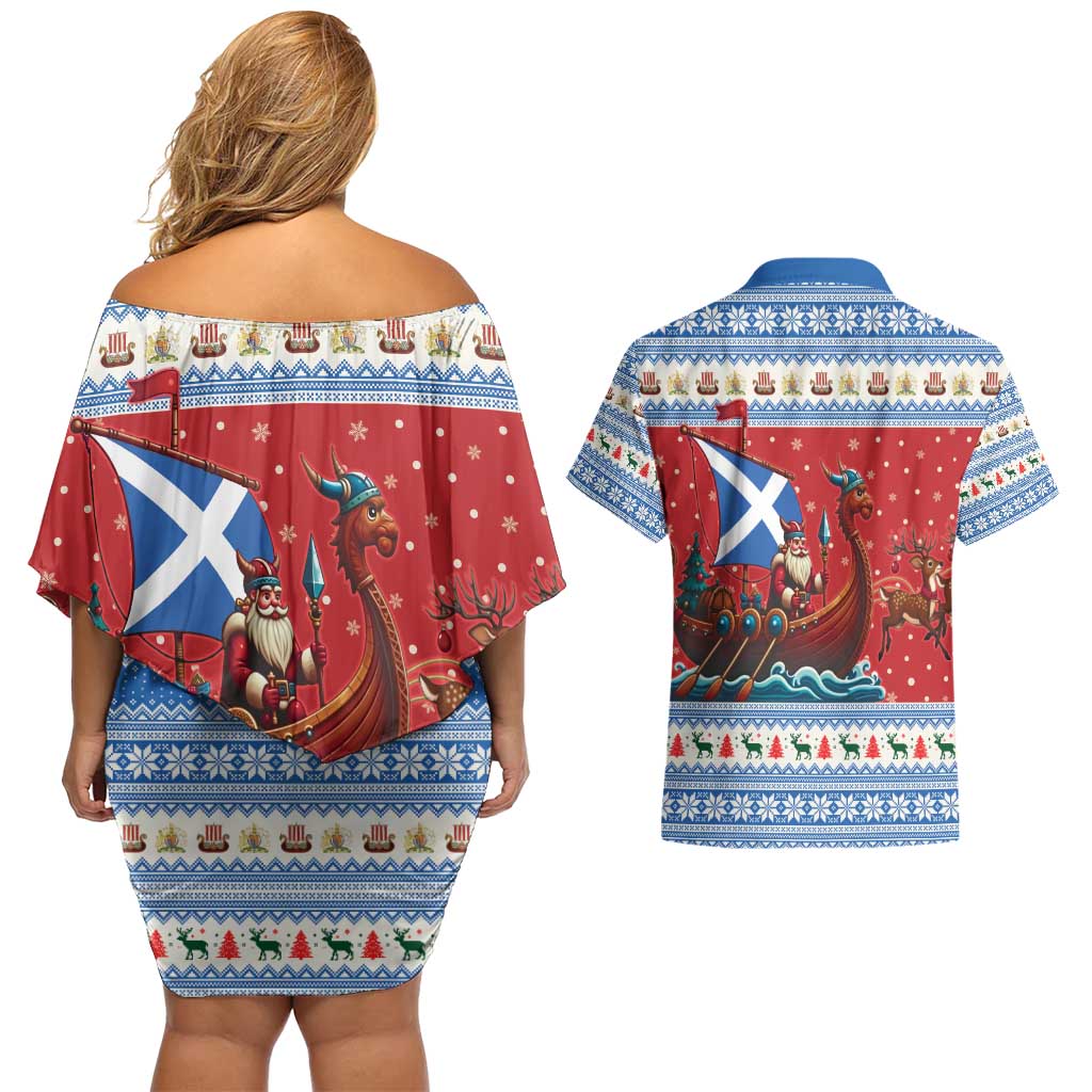 Scotland Viking Santa Christmas Couples Matching Off Shoulder Short Dress and Hawaiian Shirt Funny Reindeer Norse Xmas - Wonder Print Shop