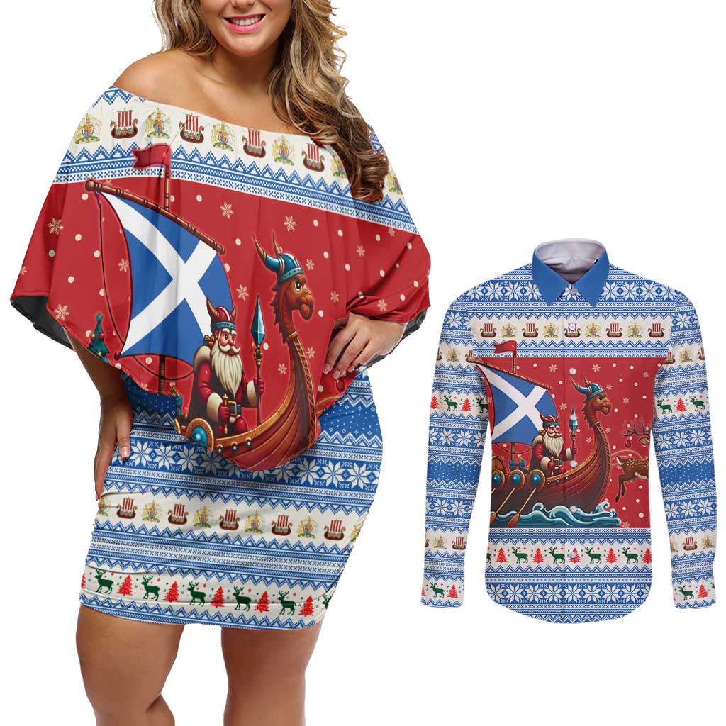 Scotland Viking Santa Christmas Couples Matching Off Shoulder Short Dress and Long Sleeve Button Shirt Funny Reindeer Norse Xmas - Wonder Print Shop
