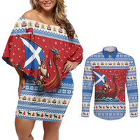 Scotland Viking Santa Christmas Couples Matching Off Shoulder Short Dress and Long Sleeve Button Shirt Funny Reindeer Norse Xmas - Wonder Print Shop