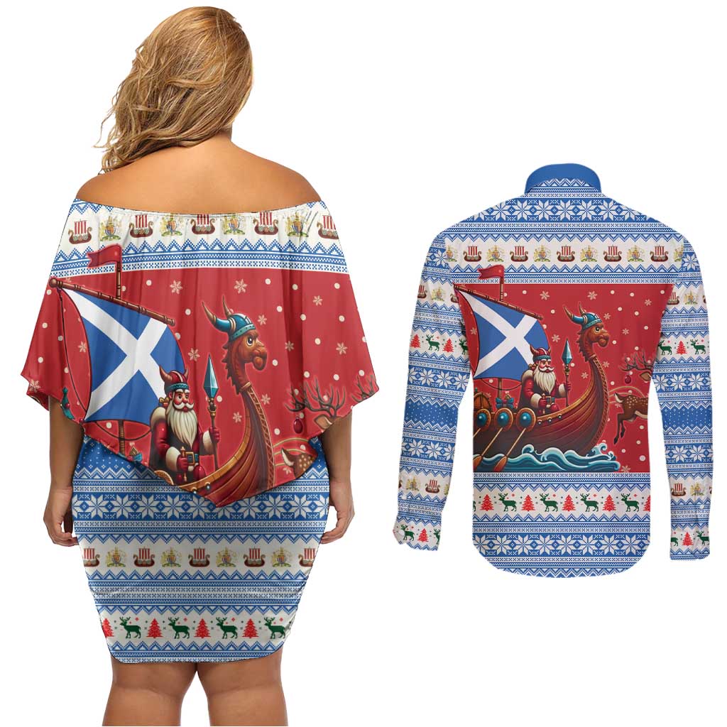 Scotland Viking Santa Christmas Couples Matching Off Shoulder Short Dress and Long Sleeve Button Shirt Funny Reindeer Norse Xmas - Wonder Print Shop