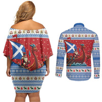 Scotland Viking Santa Christmas Couples Matching Off Shoulder Short Dress and Long Sleeve Button Shirt Funny Reindeer Norse Xmas - Wonder Print Shop
