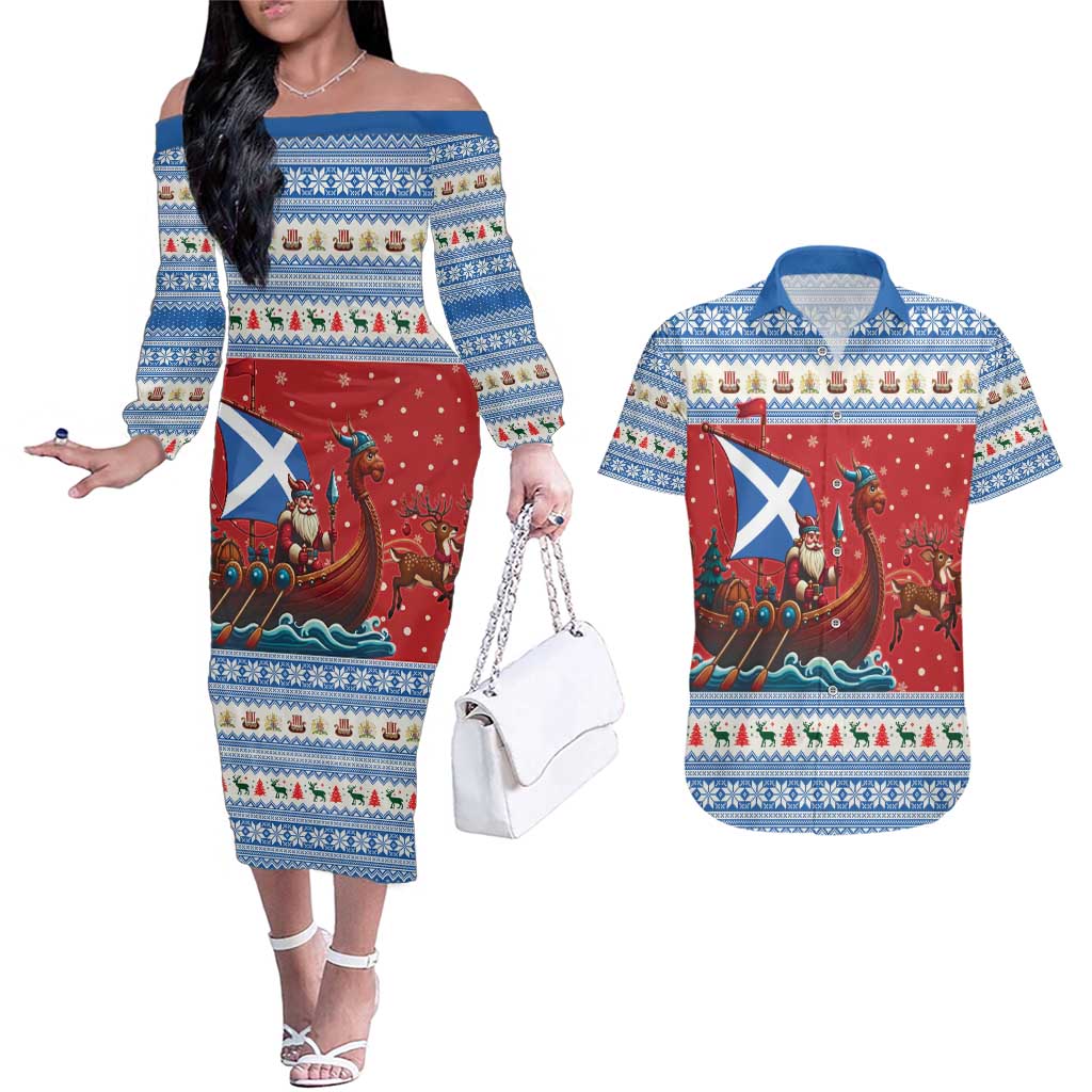 Scotland Viking Santa Christmas Couples Matching Off The Shoulder Long Sleeve Dress and Hawaiian Shirt Funny Reindeer Norse Xmas - Wonder Print Shop