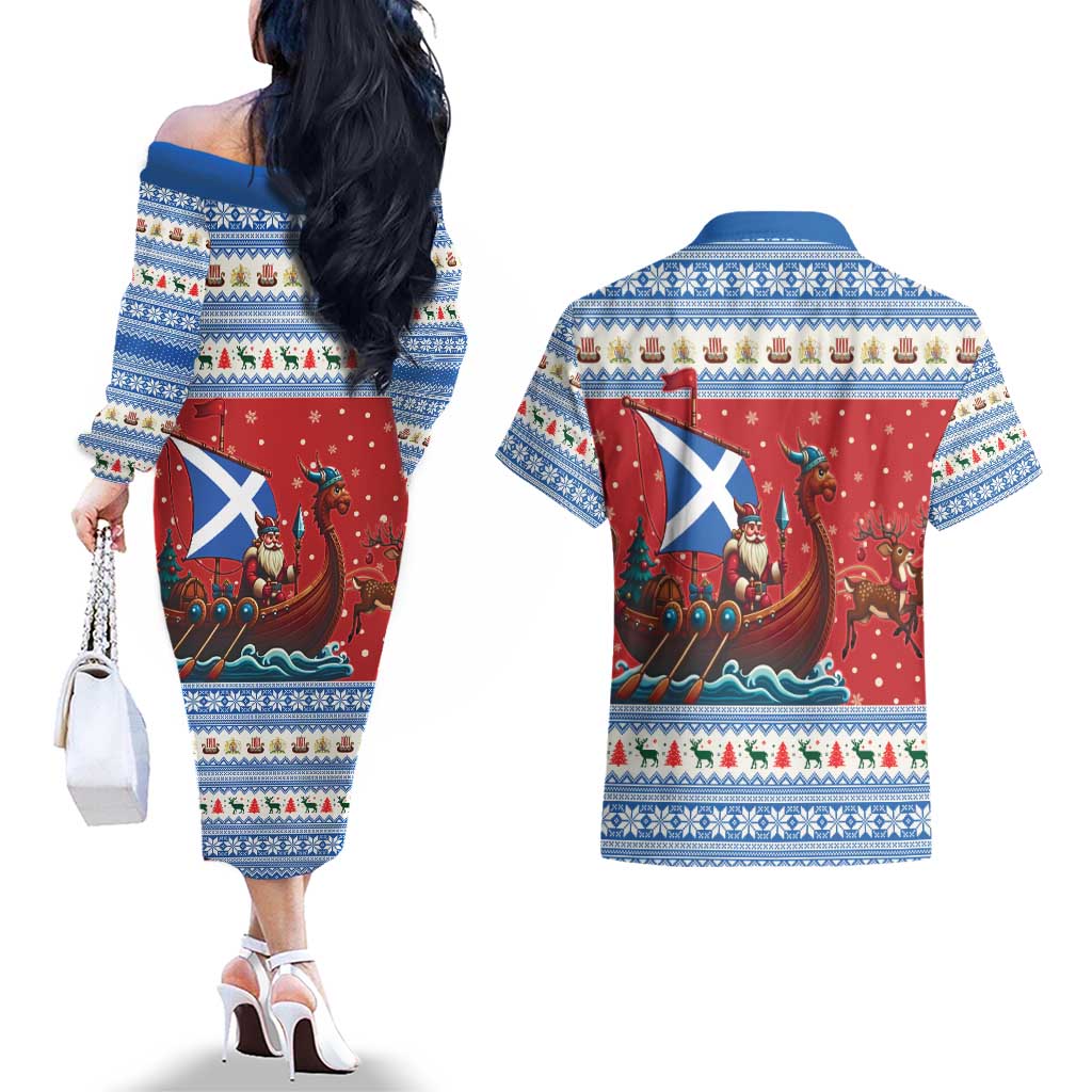 Scotland Viking Santa Christmas Couples Matching Off The Shoulder Long Sleeve Dress and Hawaiian Shirt Funny Reindeer Norse Xmas - Wonder Print Shop