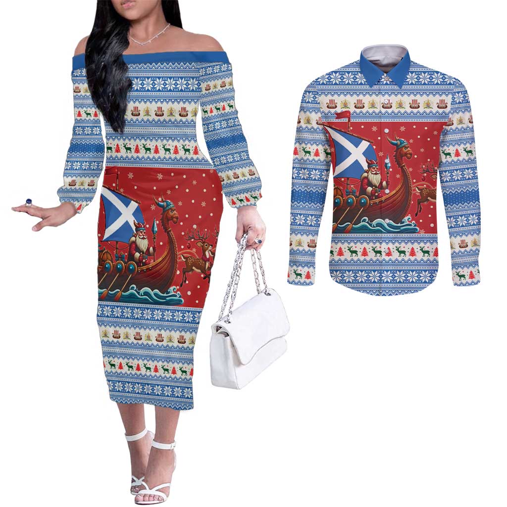 Scotland Viking Santa Christmas Couples Matching Off The Shoulder Long Sleeve Dress and Long Sleeve Button Shirt Funny Reindeer Norse Xmas - Wonder Print Shop
