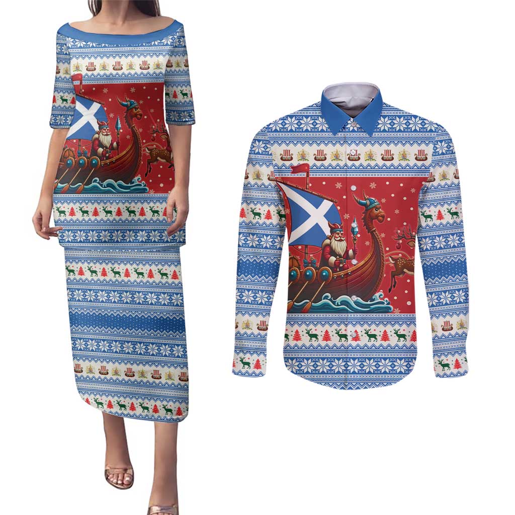 Scotland Viking Santa Christmas Couples Matching Puletasi and Long Sleeve Button Shirt Funny Reindeer Norse Xmas - Wonder Print Shop