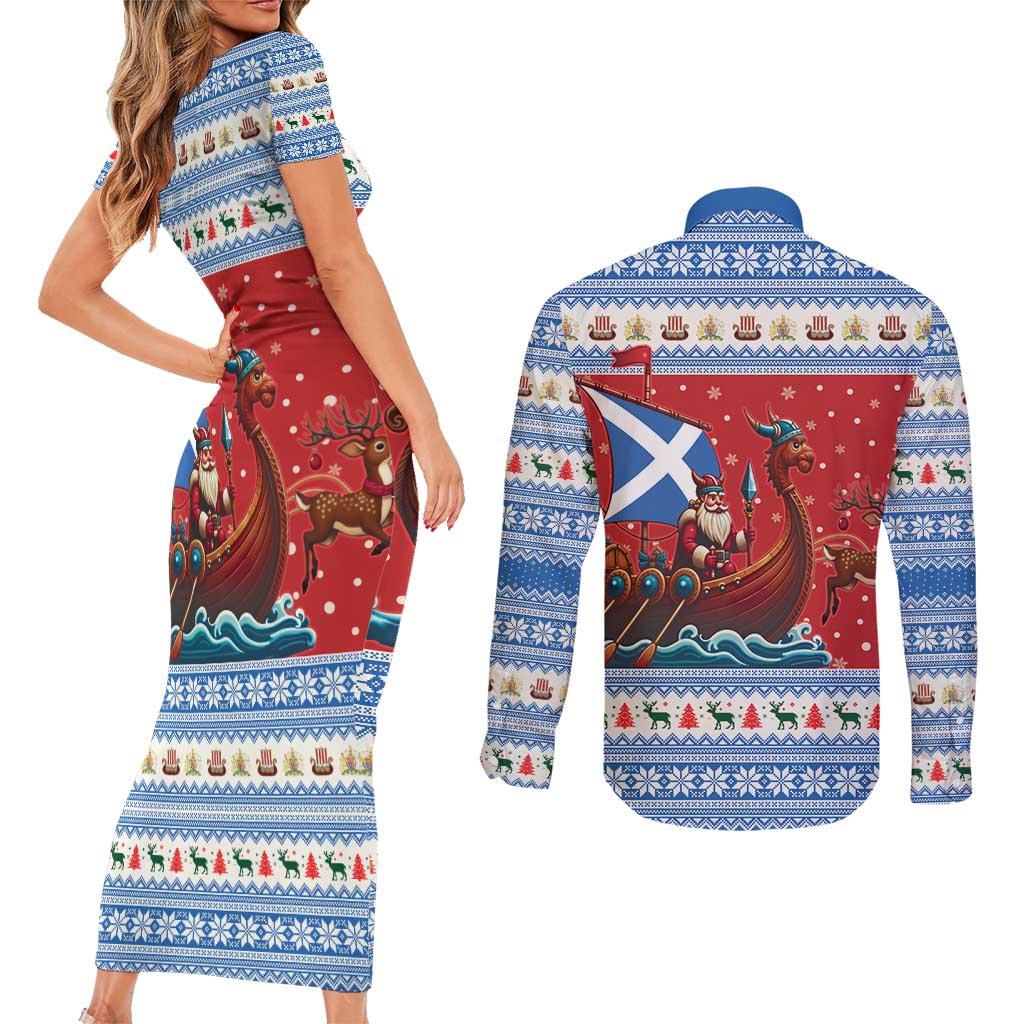 Scotland Viking Santa Christmas Couples Matching Short Sleeve Bodycon Dress and Long Sleeve Button Shirt Funny Reindeer Norse Xmas - Wonder Print Shop