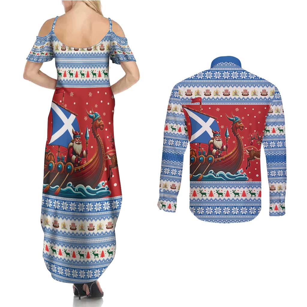 Scotland Viking Santa Christmas Couples Matching Summer Maxi Dress and Long Sleeve Button Shirt Funny Reindeer Norse Xmas - Wonder Print Shop