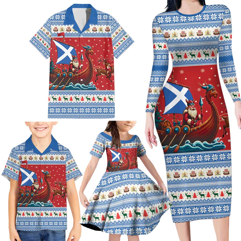Scotland Viking Santa Christmas Family Matching Long Sleeve Bodycon Dress and Hawaiian Shirt Funny Reindeer Norse Xmas - Wonder Print Shop