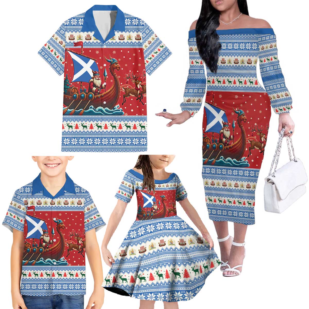 Scotland Viking Santa Christmas Family Matching Off The Shoulder Long Sleeve Dress and Hawaiian Shirt Funny Reindeer Norse Xmas - Wonder Print Shop
