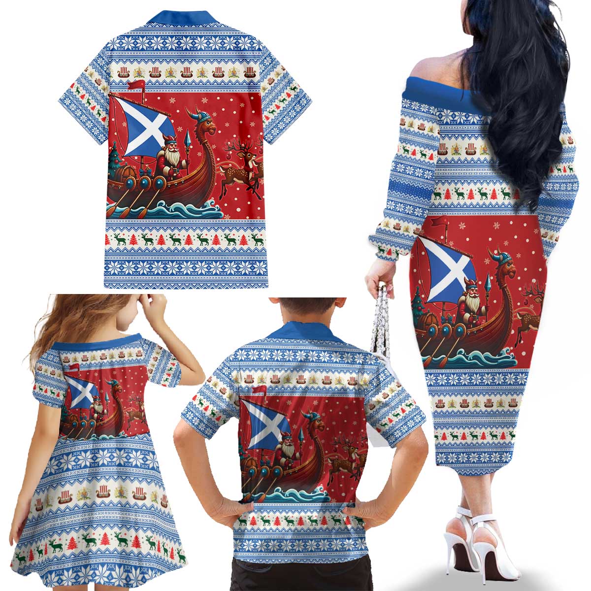 Scotland Viking Santa Christmas Family Matching Off The Shoulder Long Sleeve Dress and Hawaiian Shirt Funny Reindeer Norse Xmas - Wonder Print Shop