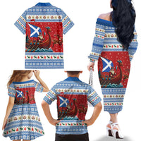 Scotland Viking Santa Christmas Family Matching Off The Shoulder Long Sleeve Dress and Hawaiian Shirt Funny Reindeer Norse Xmas - Wonder Print Shop