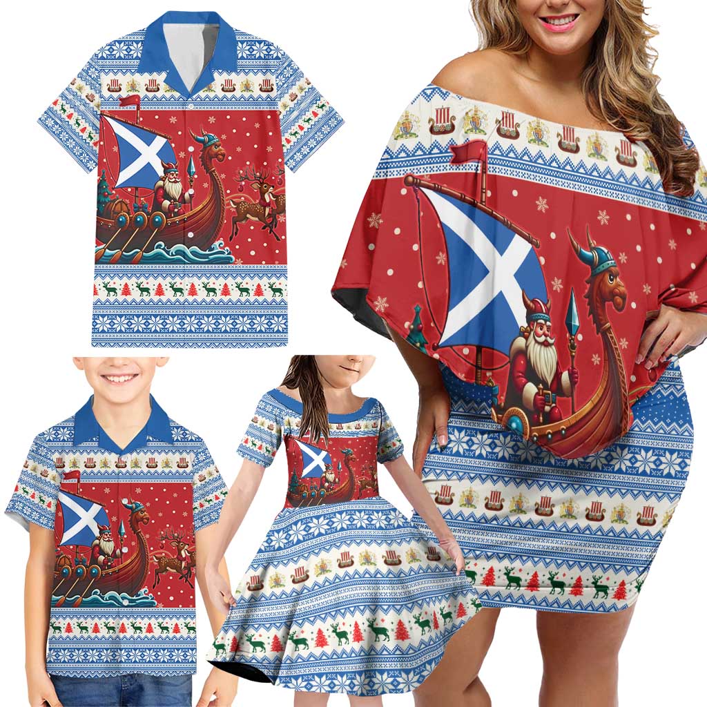 Scotland Viking Santa Christmas Family Matching Off Shoulder Short Dress and Hawaiian Shirt Funny Reindeer Norse Xmas - Wonder Print Shop