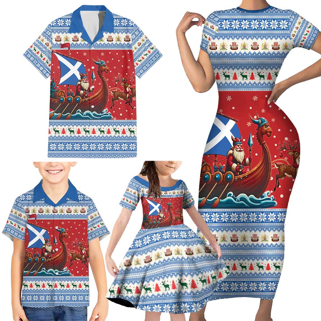 Scotland Viking Santa Christmas Family Matching Short Sleeve Bodycon Dress and Hawaiian Shirt Funny Reindeer Norse Xmas - Wonder Print Shop