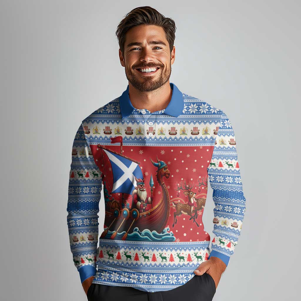 Scotland Viking Santa Christmas Long Sleeve Polo Shirt Funny Reindeer Norse Xmas - Wonder Print Shop