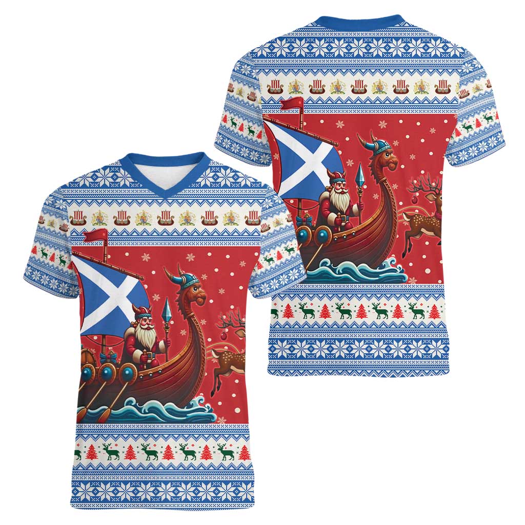 Scotland Viking Santa Christmas Women V-Neck T-Shirt Funny Reindeer Norse Xmas - Wonder Print Shop