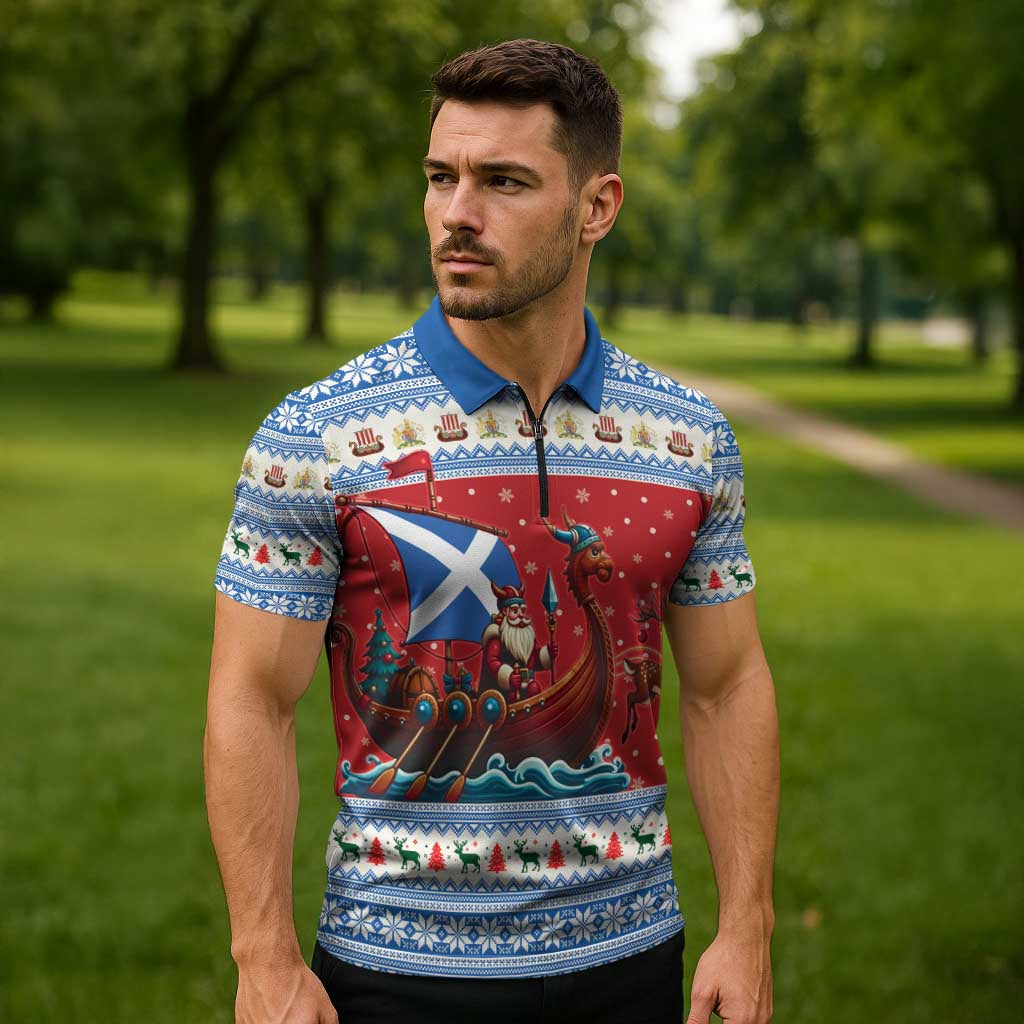 Scotland Viking Santa Christmas Zipper Polo Shirt Funny Reindeer Norse Xmas - Wonder Print Shop