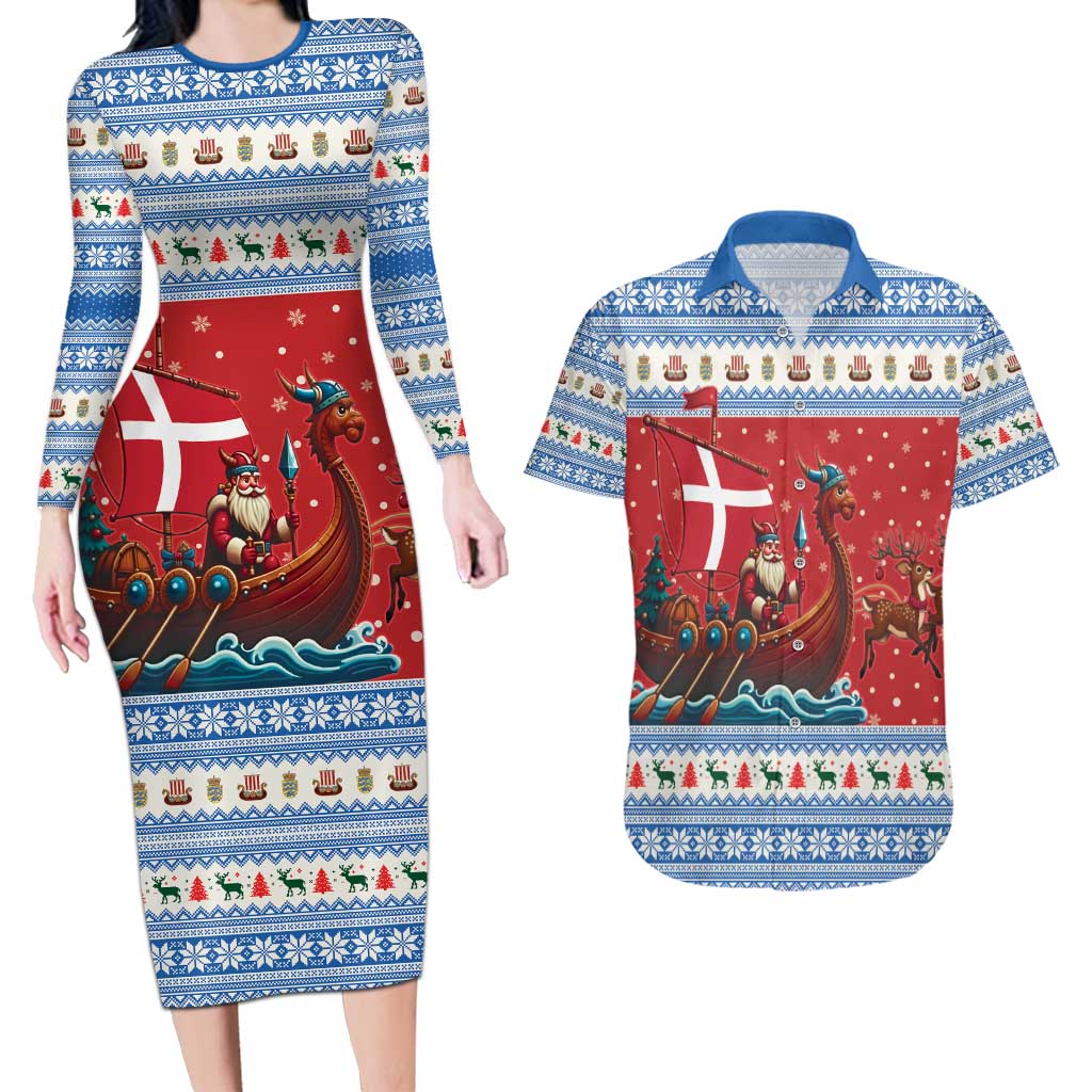 Denmark Viking Santa Christmas Couples Matching Long Sleeve Bodycon Dress and Hawaiian Shirt Funny Reindeer Norse Xmas - Wonder Print Shop