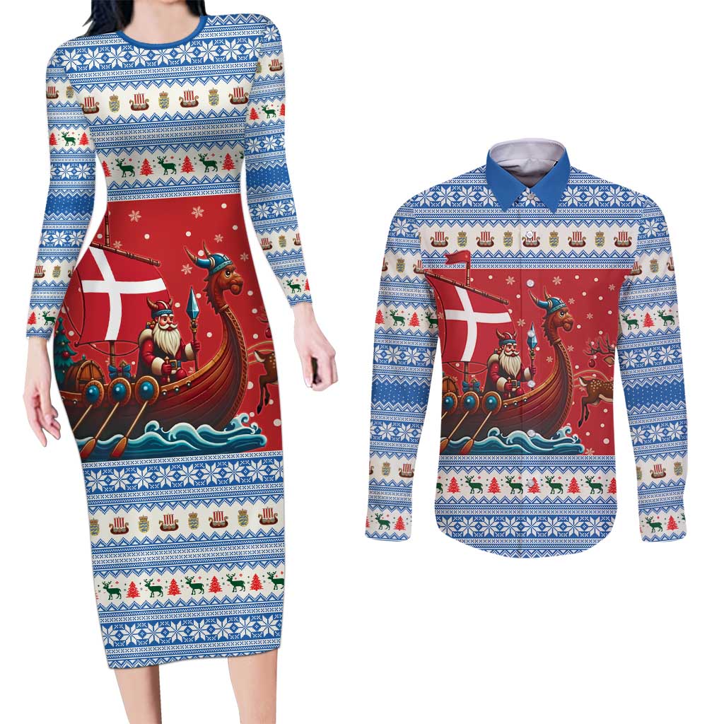 Denmark Viking Santa Christmas Couples Matching Long Sleeve Bodycon Dress and Long Sleeve Button Shirt Funny Reindeer Norse Xmas - Wonder Print Shop