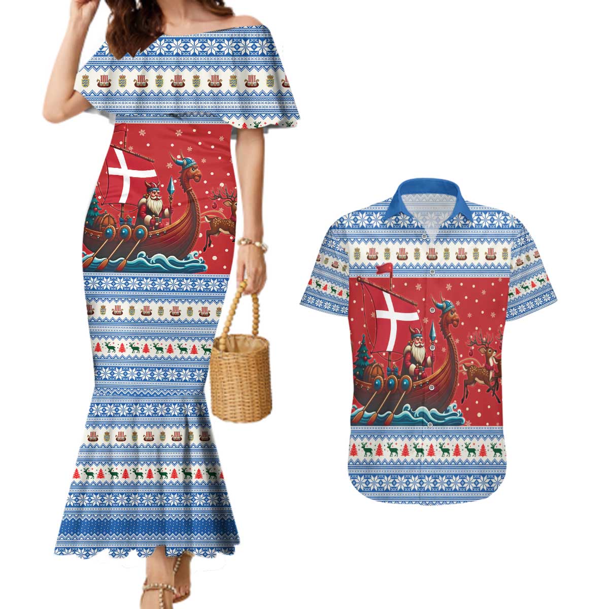 Denmark Viking Santa Christmas Couples Matching Mermaid Dress and Hawaiian Shirt Funny Reindeer Norse Xmas - Wonder Print Shop