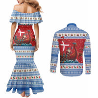 Denmark Viking Santa Christmas Couples Matching Mermaid Dress and Long Sleeve Button Shirt Funny Reindeer Norse Xmas - Wonder Print Shop