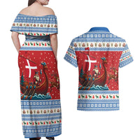 Denmark Viking Santa Christmas Couples Matching Off Shoulder Maxi Dress and Hawaiian Shirt Funny Reindeer Norse Xmas - Wonder Print Shop