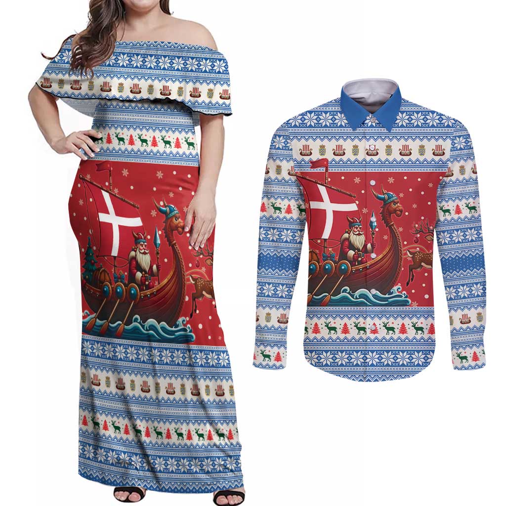 Denmark Viking Santa Christmas Couples Matching Off Shoulder Maxi Dress and Long Sleeve Button Shirt Funny Reindeer Norse Xmas - Wonder Print Shop