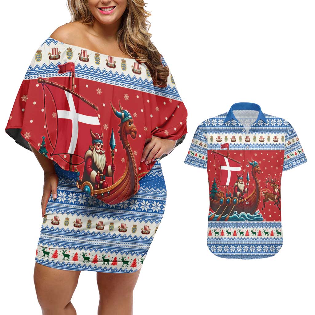 Denmark Viking Santa Christmas Couples Matching Off Shoulder Short Dress and Hawaiian Shirt Funny Reindeer Norse Xmas - Wonder Print Shop