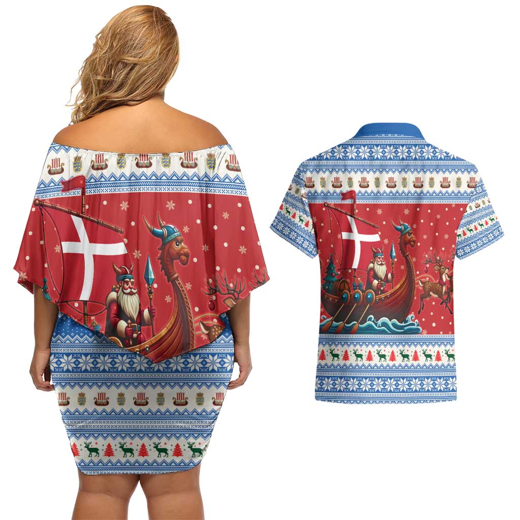 Denmark Viking Santa Christmas Couples Matching Off Shoulder Short Dress and Hawaiian Shirt Funny Reindeer Norse Xmas - Wonder Print Shop