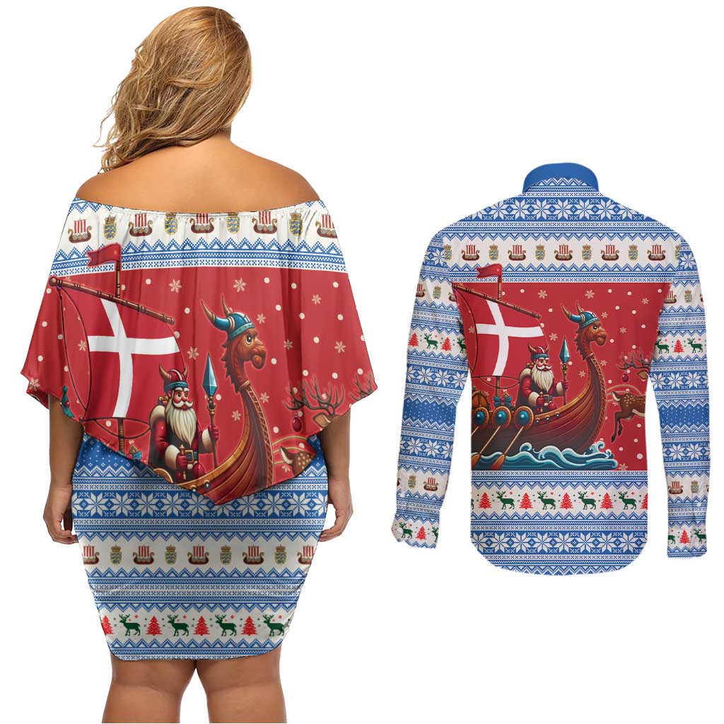 Denmark Viking Santa Christmas Couples Matching Off Shoulder Short Dress and Long Sleeve Button Shirt Funny Reindeer Norse Xmas - Wonder Print Shop