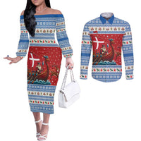 Denmark Viking Santa Christmas Couples Matching Off The Shoulder Long Sleeve Dress and Long Sleeve Button Shirt Funny Reindeer Norse Xmas - Wonder Print Shop
