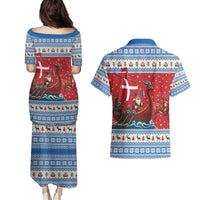 Denmark Viking Santa Christmas Couples Matching Puletasi and Hawaiian Shirt Funny Reindeer Norse Xmas - Wonder Print Shop