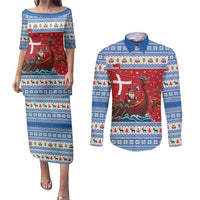 Denmark Viking Santa Christmas Couples Matching Puletasi and Long Sleeve Button Shirt Funny Reindeer Norse Xmas - Wonder Print Shop