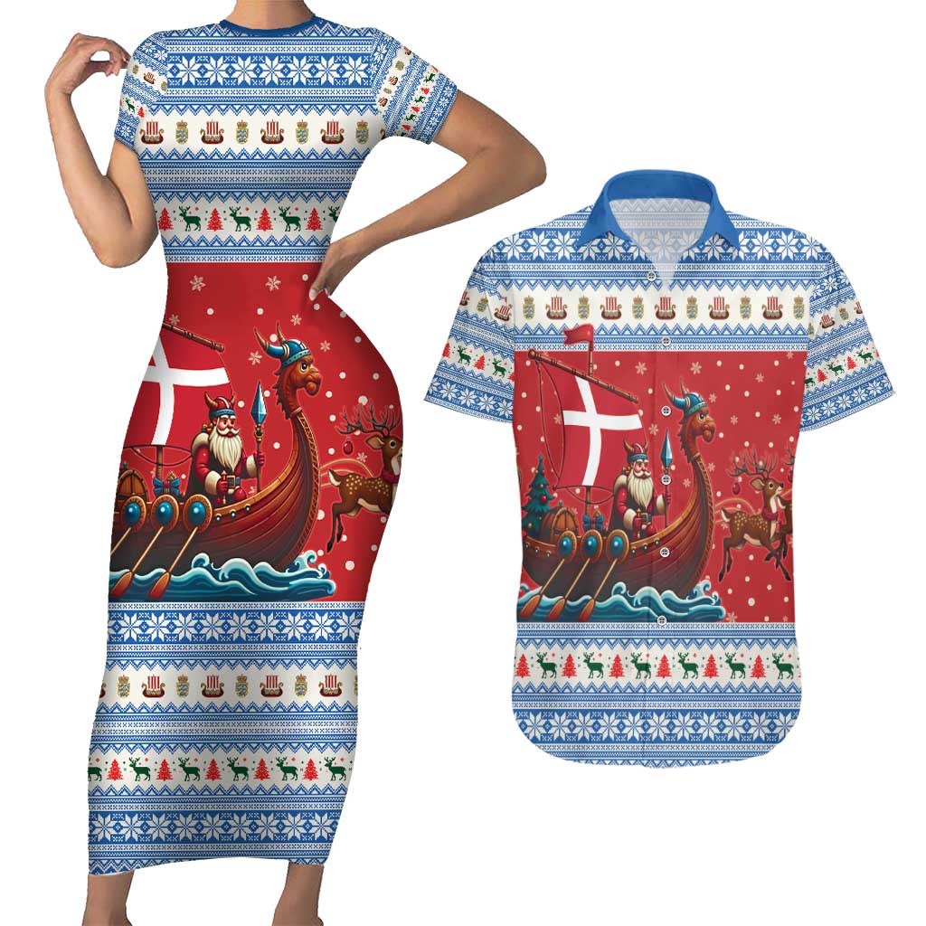 Denmark Viking Santa Christmas Couples Matching Short Sleeve Bodycon Dress and Hawaiian Shirt Funny Reindeer Norse Xmas - Wonder Print Shop