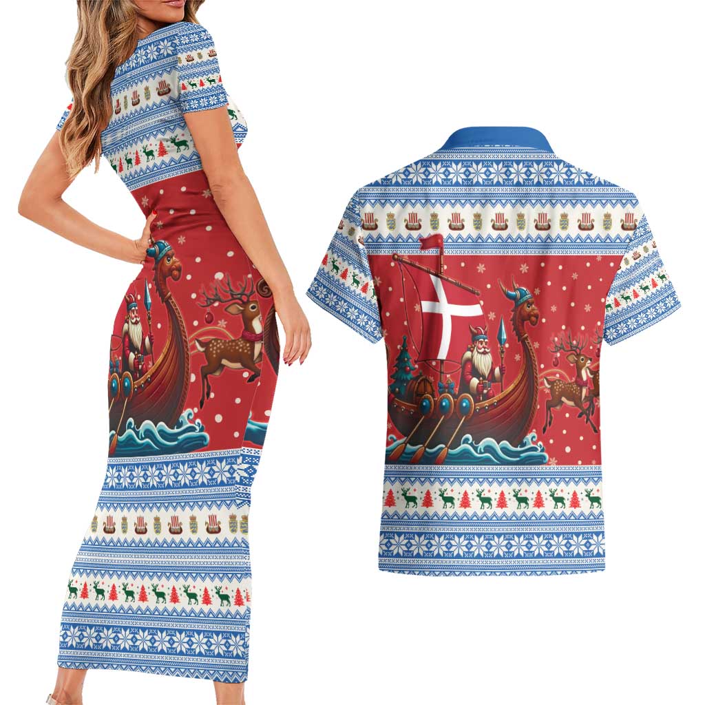 Denmark Viking Santa Christmas Couples Matching Short Sleeve Bodycon Dress and Hawaiian Shirt Funny Reindeer Norse Xmas - Wonder Print Shop