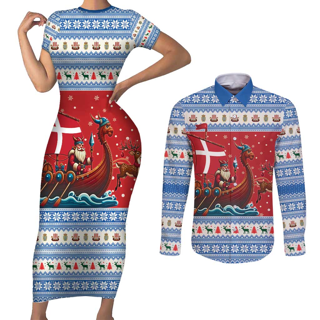 Denmark Viking Santa Christmas Couples Matching Short Sleeve Bodycon Dress and Long Sleeve Button Shirt Funny Reindeer Norse Xmas - Wonder Print Shop