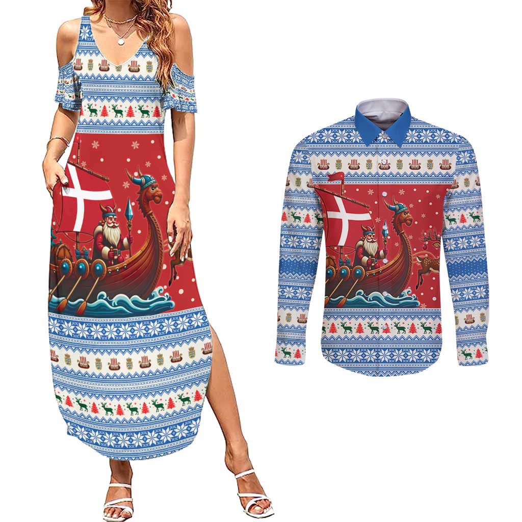 Denmark Viking Santa Christmas Couples Matching Summer Maxi Dress and Long Sleeve Button Shirt Funny Reindeer Norse Xmas - Wonder Print Shop