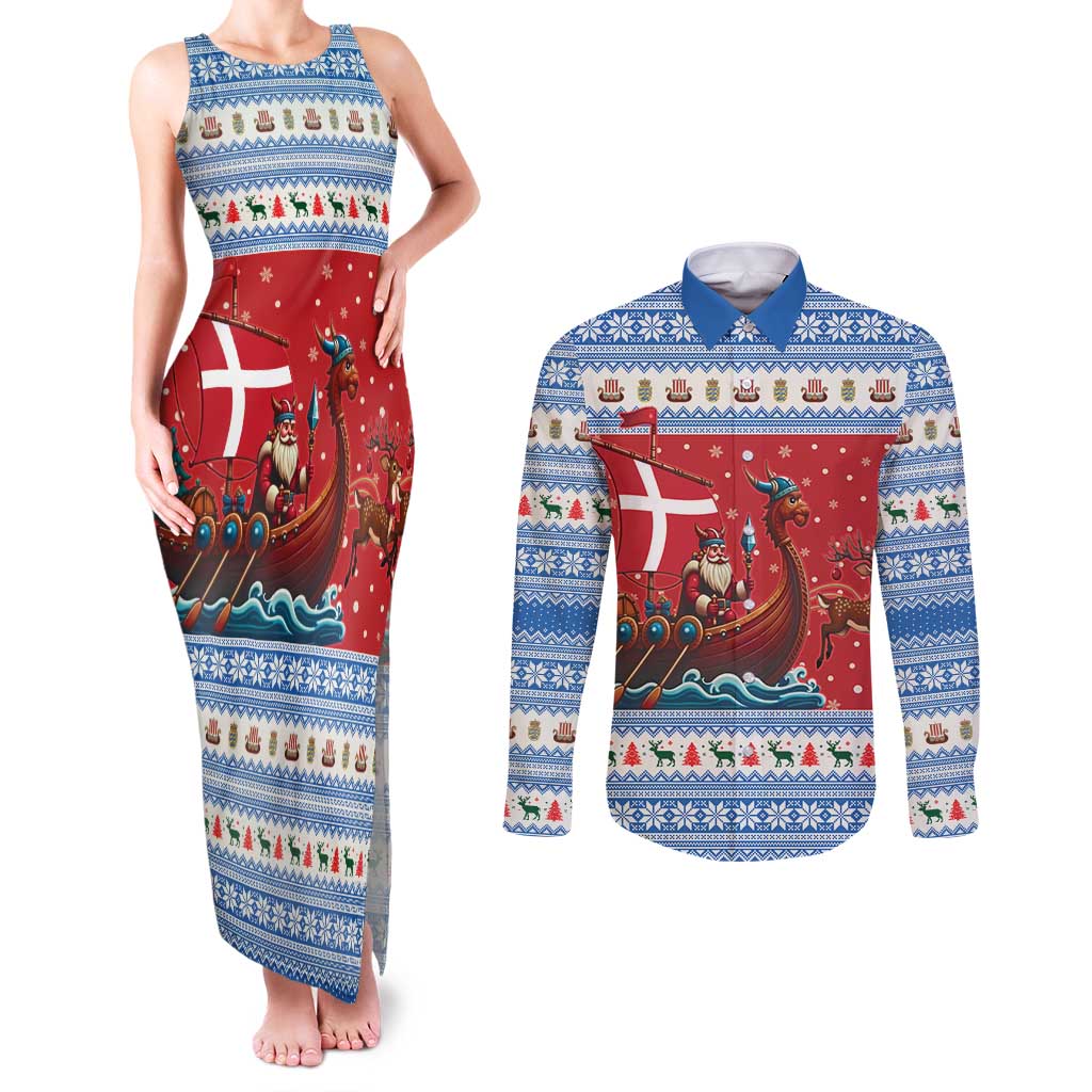 Denmark Viking Santa Christmas Couples Matching Tank Maxi Dress and Long Sleeve Button Shirt Funny Reindeer Norse Xmas - Wonder Print Shop