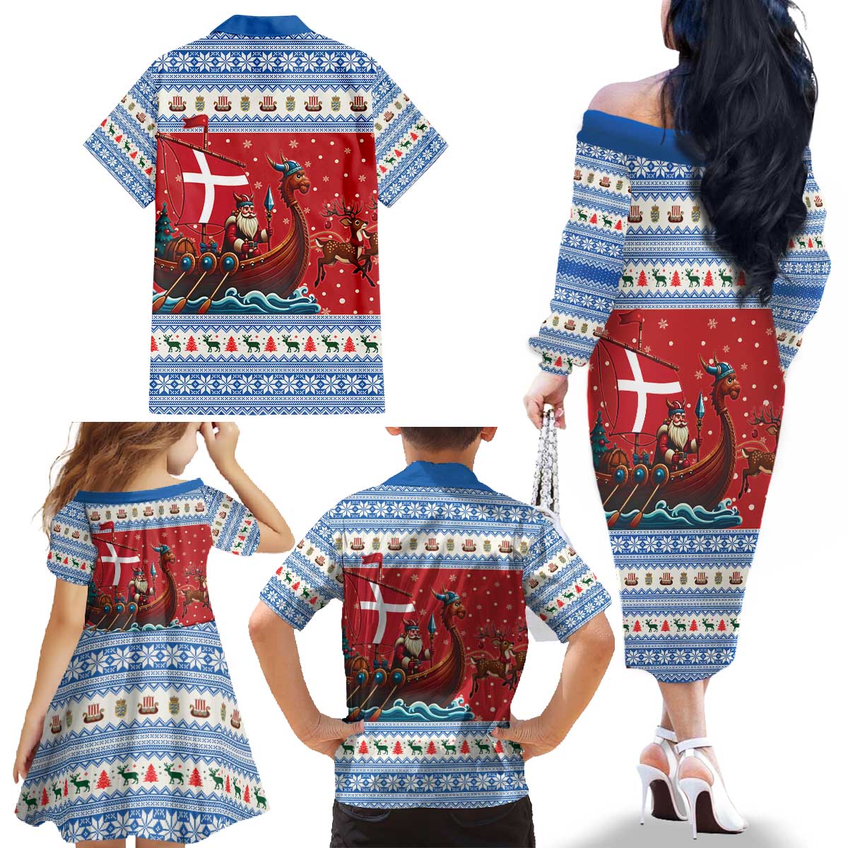 Denmark Viking Santa Christmas Family Matching Off The Shoulder Long Sleeve Dress and Hawaiian Shirt Funny Reindeer Norse Xmas - Wonder Print Shop