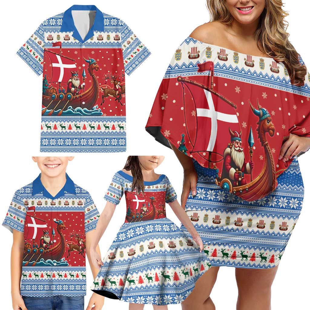 Denmark Viking Santa Christmas Family Matching Off Shoulder Short Dress and Hawaiian Shirt Funny Reindeer Norse Xmas - Wonder Print Shop