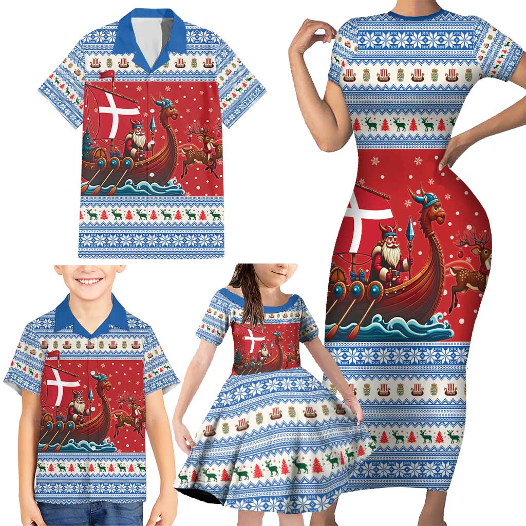 Denmark Viking Santa Christmas Family Matching Short Sleeve Bodycon Dress and Hawaiian Shirt Funny Reindeer Norse Xmas - Wonder Print Shop