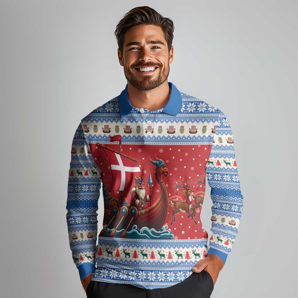 Denmark Viking Santa Christmas Long Sleeve Polo Shirt Funny Reindeer Norse Xmas - Wonder Print Shop