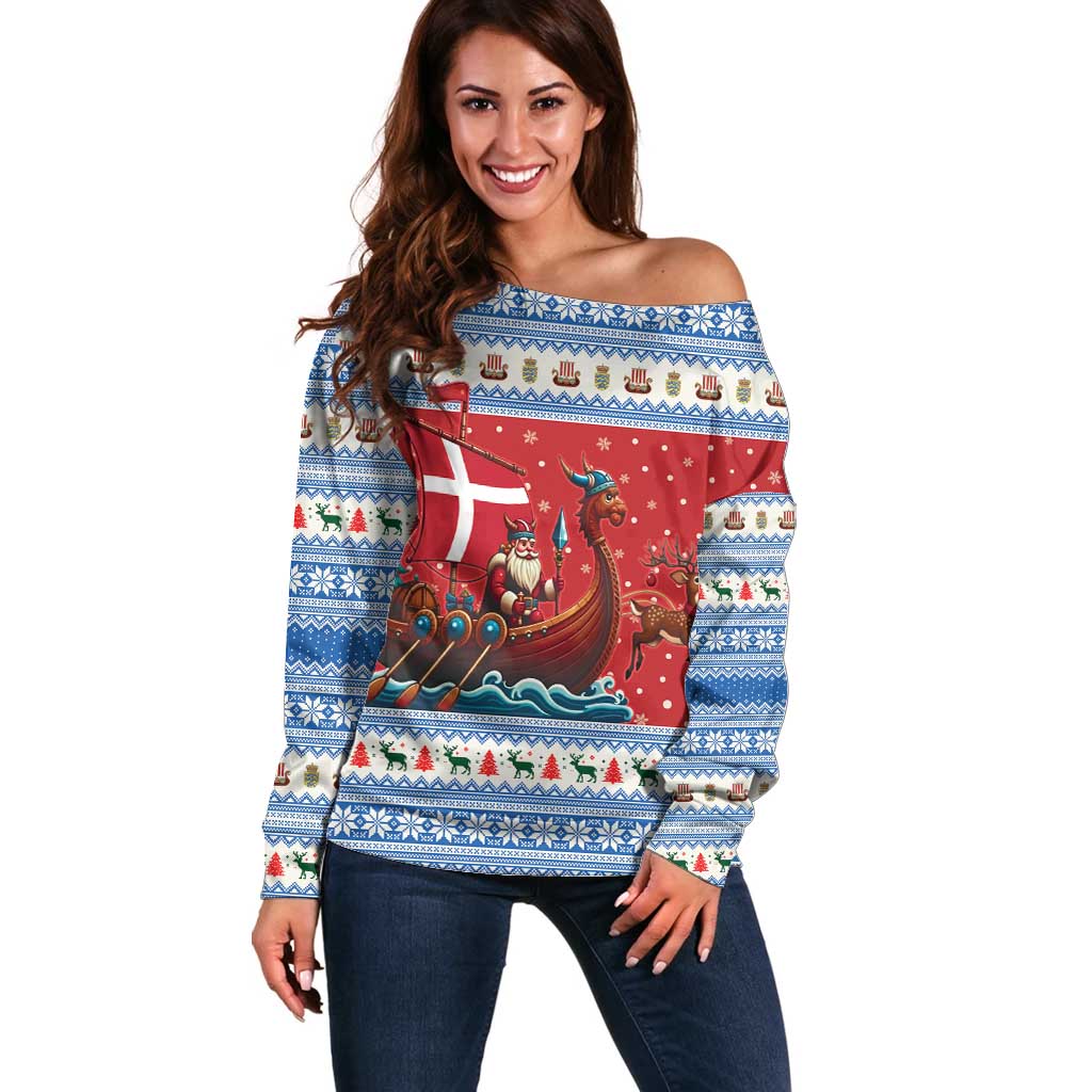 Denmark Viking Santa Christmas Off Shoulder Sweater Funny Reindeer Norse Xmas - Wonder Print Shop