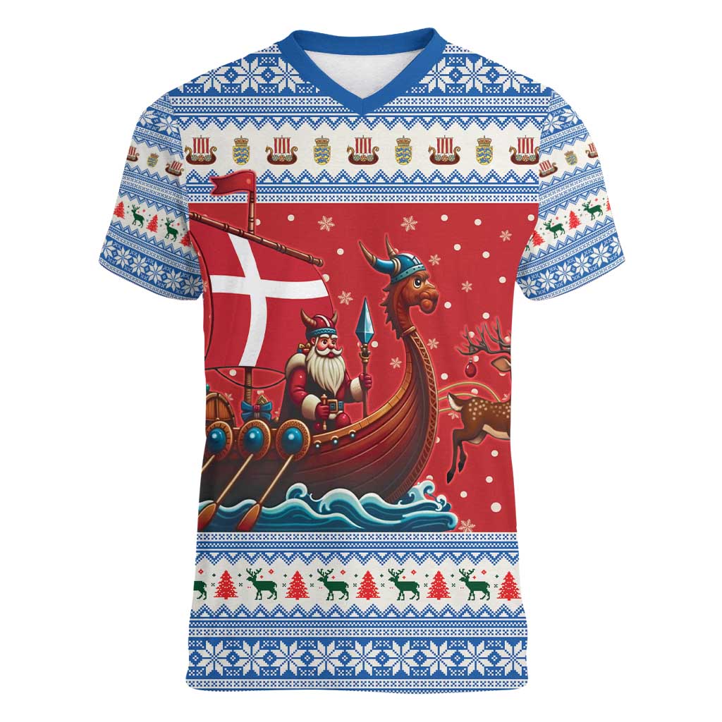 Denmark Viking Santa Christmas Women V-Neck T-Shirt Funny Reindeer Norse Xmas - Wonder Print Shop