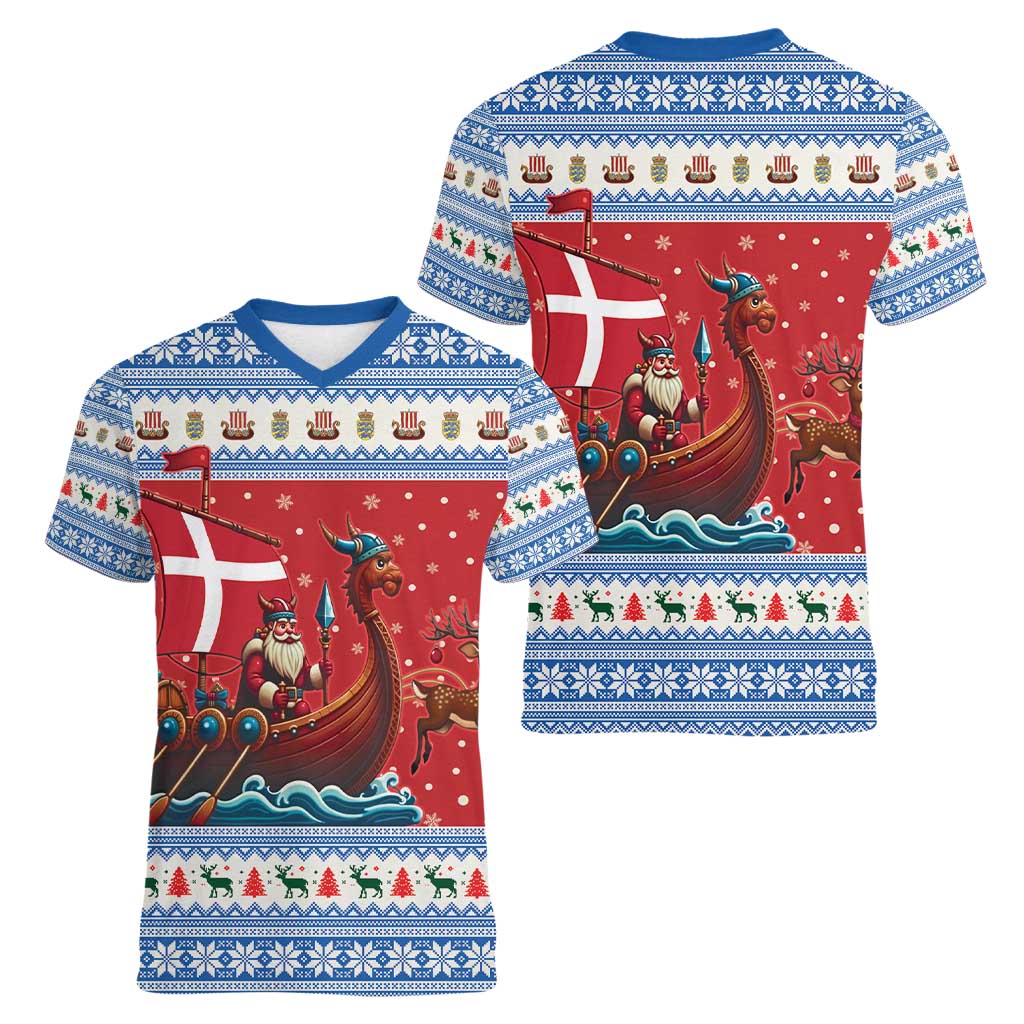 Denmark Viking Santa Christmas Women V-Neck T-Shirt Funny Reindeer Norse Xmas - Wonder Print Shop