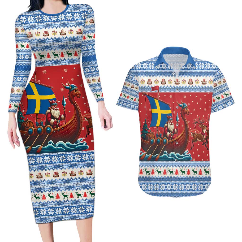 Sweden Viking Santa Christmas Couples Matching Long Sleeve Bodycon Dress and Hawaiian Shirt Funny Reindeer Norse Xmas - Wonder Print Shop
