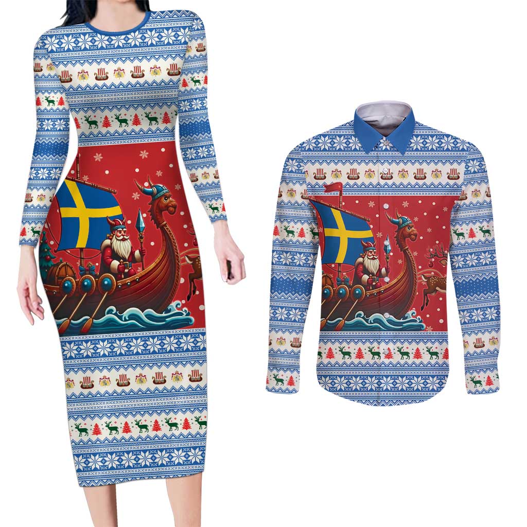 Sweden Viking Santa Christmas Couples Matching Long Sleeve Bodycon Dress and Long Sleeve Button Shirt Funny Reindeer Norse Xmas - Wonder Print Shop