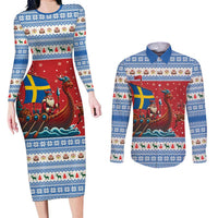 Sweden Viking Santa Christmas Couples Matching Long Sleeve Bodycon Dress and Long Sleeve Button Shirt Funny Reindeer Norse Xmas - Wonder Print Shop