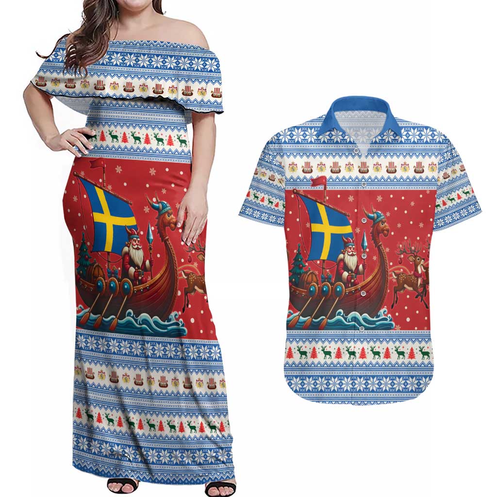 Sweden Viking Santa Christmas Couples Matching Off Shoulder Maxi Dress and Hawaiian Shirt Funny Reindeer Norse Xmas - Wonder Print Shop